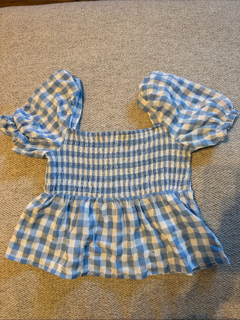 Dizzy Light Blue and White Gingham Smocked Puff Sleeve Top